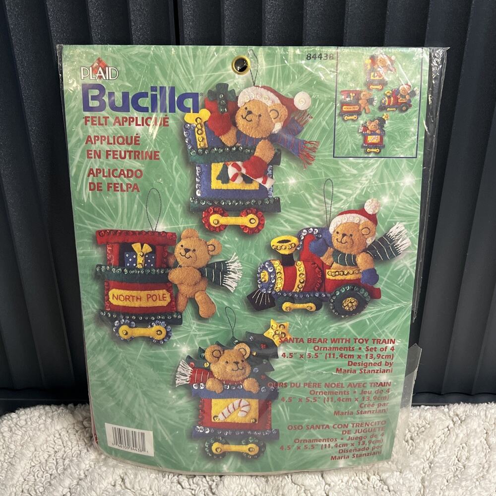 Vintage Bucilla Felt Sequins Christmas Ornament Kit Santa Bear Toy Train 84438